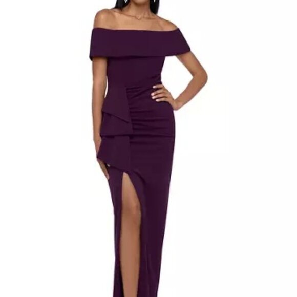 NEW Xscape Solid Side Ruched High Slit Off Shoulder Maxi Long Formal Gown Size 8 - Picture 1 of 10